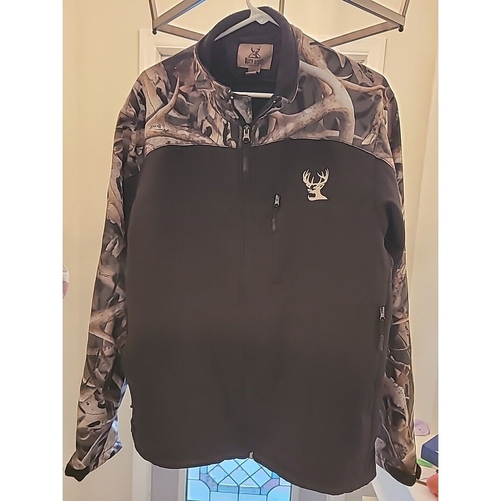 BUCK WEAR Mens Black Camo Soft Shell Jacket L Zip Pockets, Full Zip